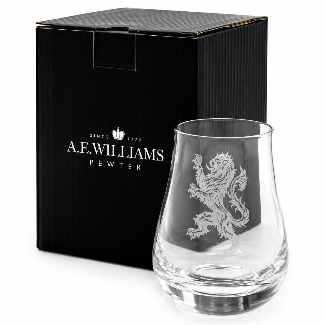 Rampant Lion engraved whisky tasting glass presented beside an A E Williams gift box