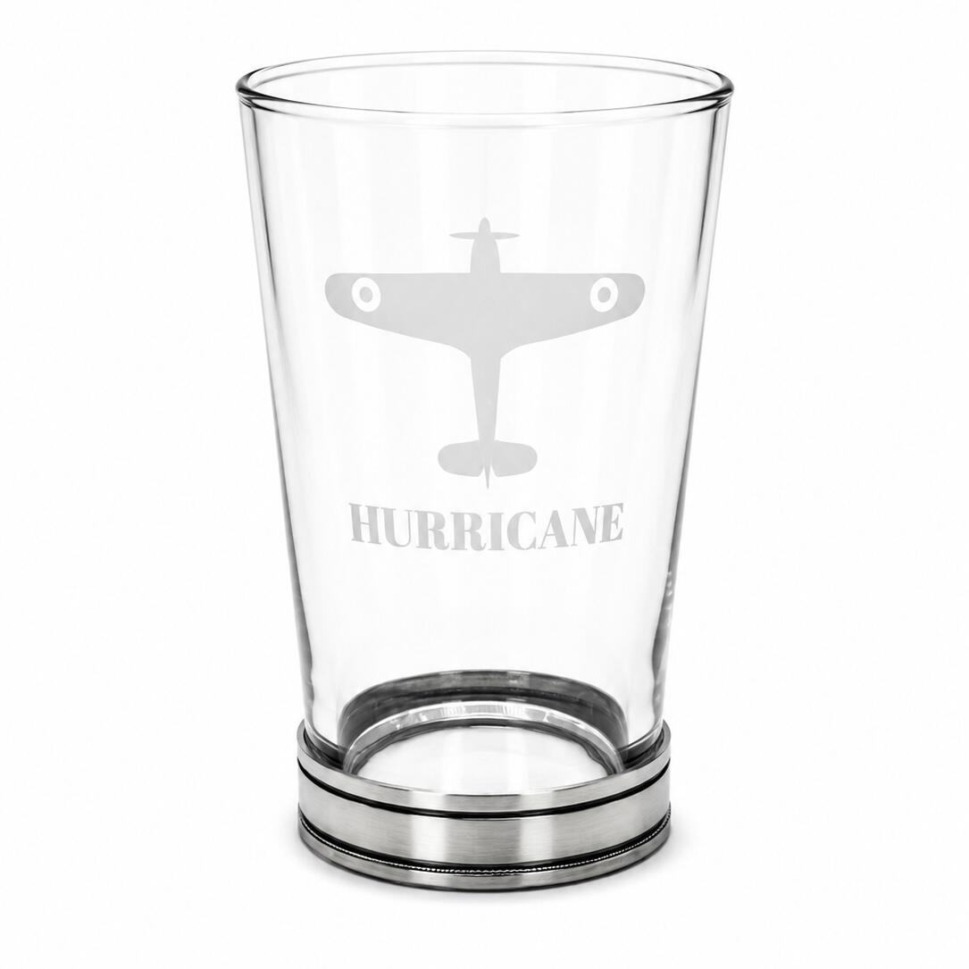 Hawker Hurricane engraved UK pint glass with handmade polished pewter base