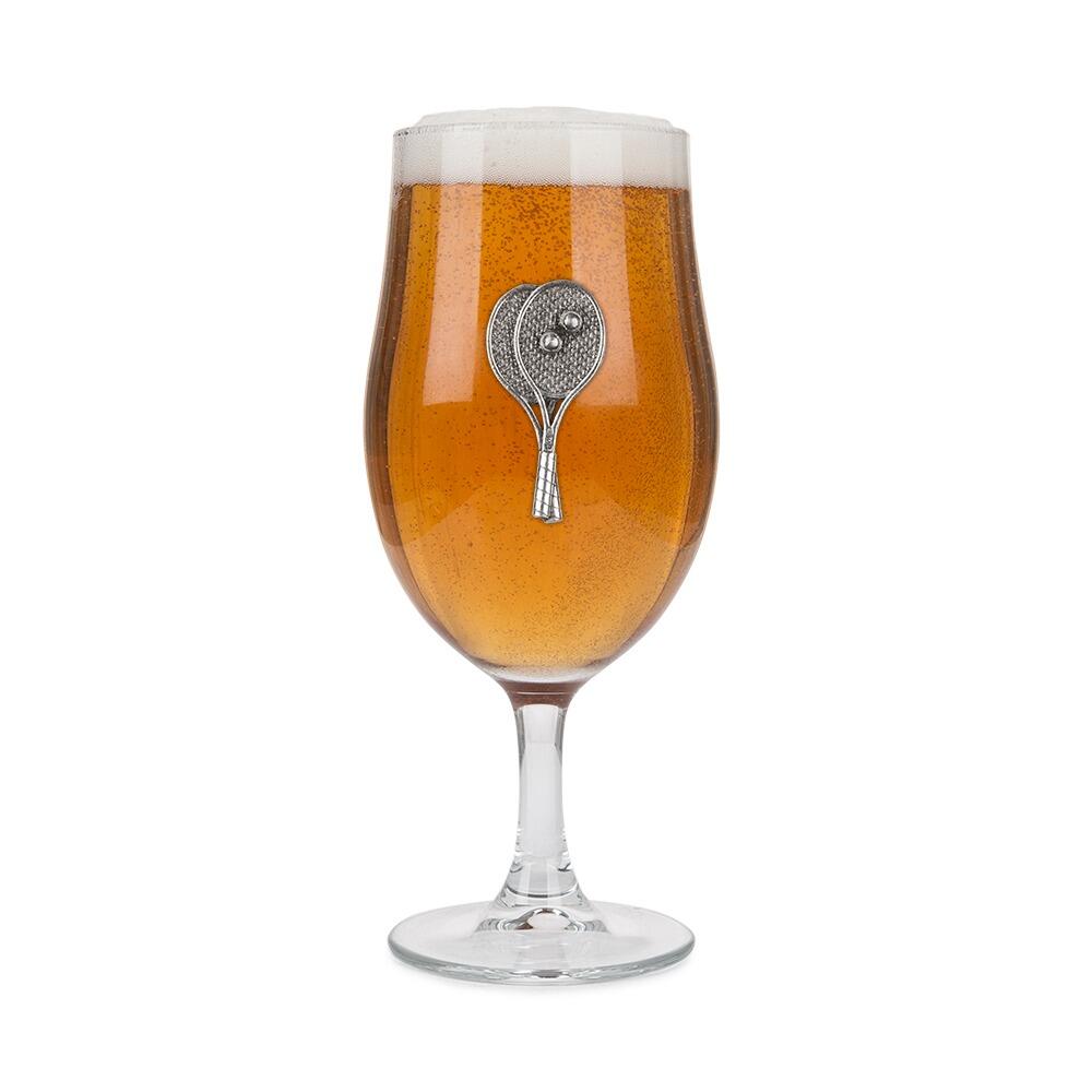 A Stemmed Pint Beer Glass with a Pewter Tennis badge on the front, filled with Beer