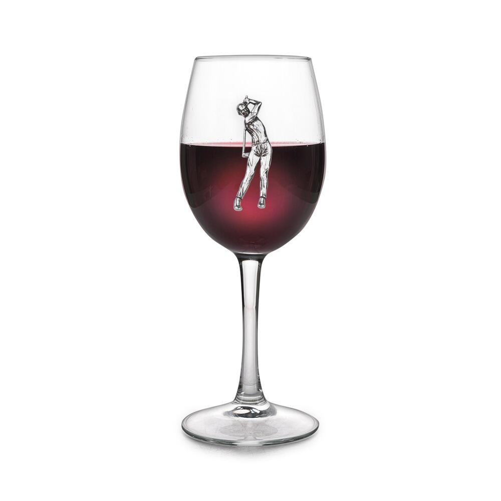 Wine glass with handcrafted pewter Golfer badge filled with red wine