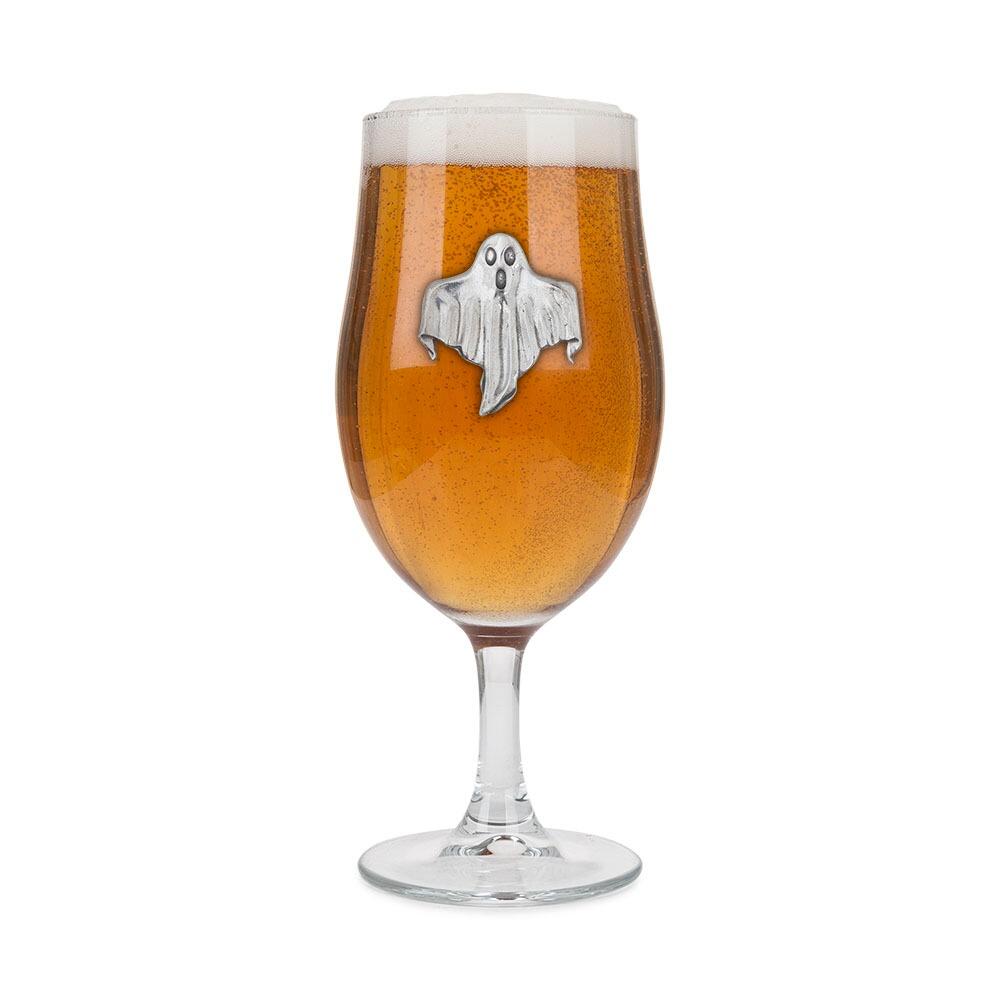 A Stemmed Pint Beer Glass with a Pewter Ghost badge on the front, filled with Beer