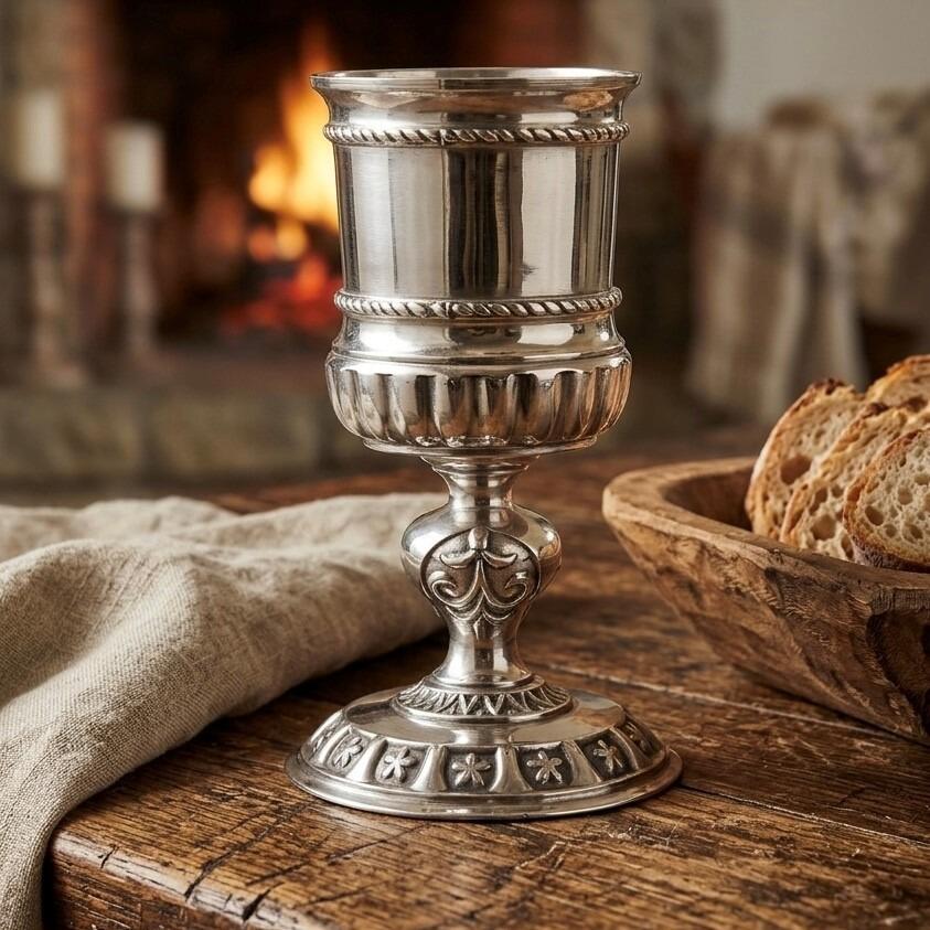 A highly ornate, traditional Canterbury-style pewter goblet with a brightly polished metallic finish. The goblet features a structured cylindrical bowl detailed with two horizontal rope-twist bands and a fluted, gadrooned lower section. It stands on an elegant baluster stem with raised fleur-de-lis style scrollwork, leading down to a wide, flared circular base decorated with embossed panels of small flowers