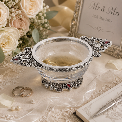 A Pewter and Glass Wedding themed Quaich bowl sat on a wedding table