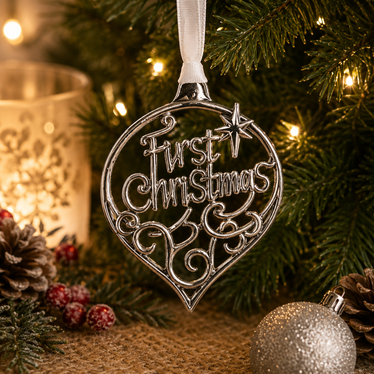 Handcrafted pewter First Christmas ornament with elegant filigree scrollwork and star detail, hanging on a festive Christmas tree with warm holiday lights and seasonal decorations.