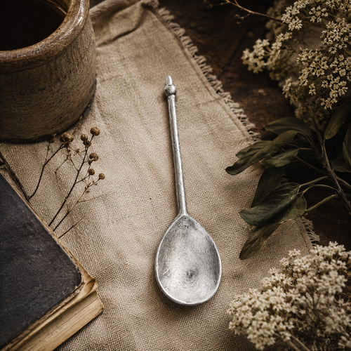 Handcrafted pewter spoon displayed on a rustic linen cloth with dried flowers and vintage tableware, showcasing a bright polished finish in a warm lifestyle setting