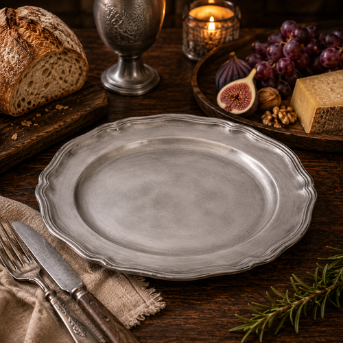Handcrafted pewter Bavarian wavy edge plate in antique satin finish displayed on a rustic farmhouse table with artisan bread, figs, grapes, aged cheese, walnuts and traditional pewter tableware in warm candlelit ambience