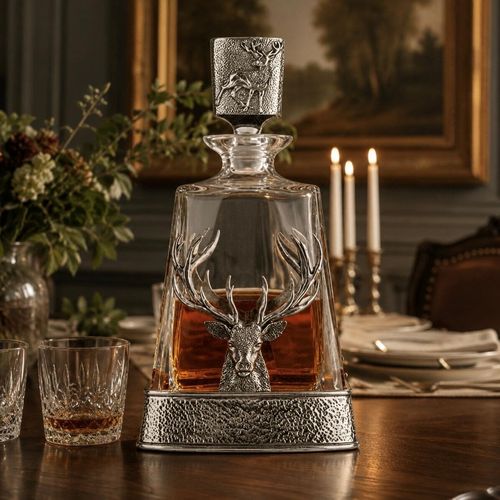 A clear glass spirits decanter filled with amber liquid, sitting in a hammered-effect pewter base adorned with a large, detailed pewter relief of a stag's head with majestic, multi-pointed antlers stretching upward. The decanter is topped with a glass stopper encased in a matching textured pewter sleeve featuring an embossed running deer