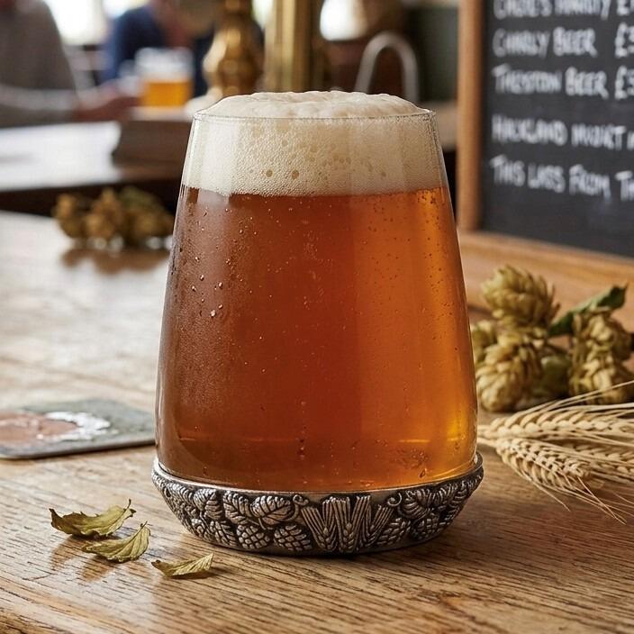 A curved glass drinks tumbler filled with golden ale and a frothy white head, featuring a heavy pewter base intricately embossed with hops cones, leaves, and sheaves of wheat