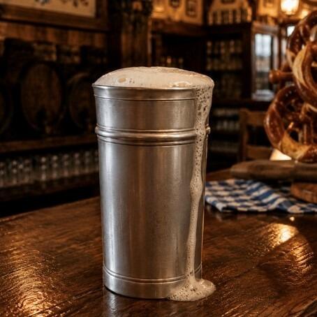 A traditional cylindrical pewter becher or beaker with a brushed metallic finish, detailed with subtle horizontal ridges near the top and base