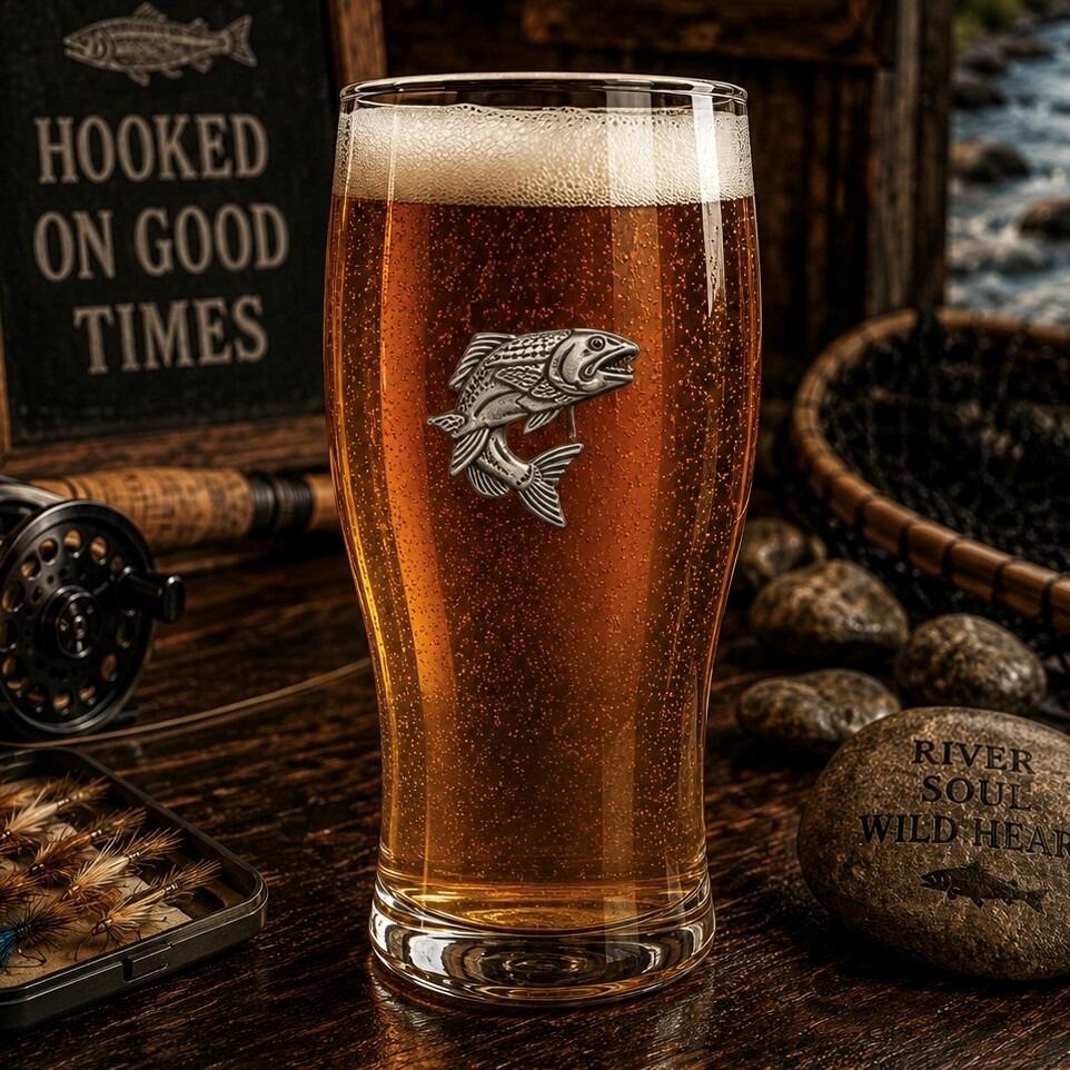 Pint glass with handmade pewter salmon badge, filled with golden beer