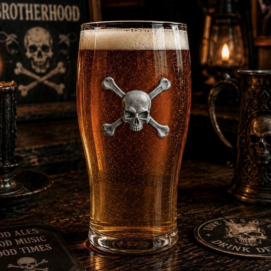 Pint glass with handmade pewter skull with detailed cranial structure badge filled with golden beer