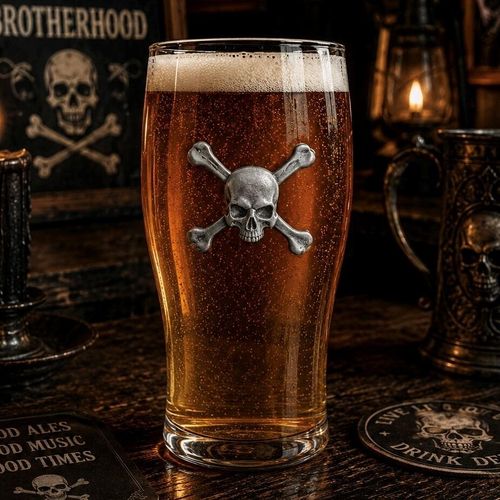 Pint glass with handmade pewter skull with detailed cranial structure badge filled with golden beer