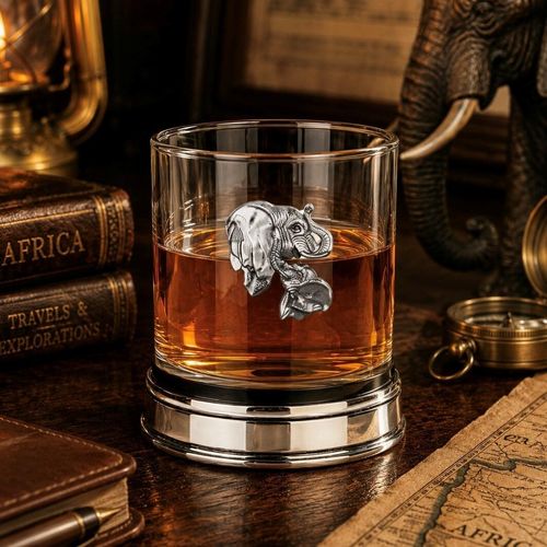 Whisky tumbler with pewter elephant emblem and polished base, partially filled with amber liquid