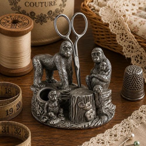 Vintage-style pewter gorilla sewing station featuring detailed gorilla figurines, a central scissor holder slot, a tree stump thimble stand, and a small round storage well