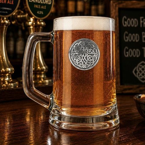 A Beer Tankard with a Pewter Never Ending Knot badge on the front, filled with Amber Beer