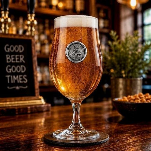 Glass beer goblet with a personalized pewter monogram letter A medallion, filled with ale on a pub bar counter