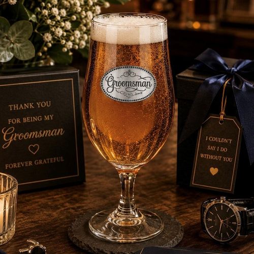 A Stemmed Pint Beer Glass with a Pewter Groomsman badge on the front, filled with Beer
