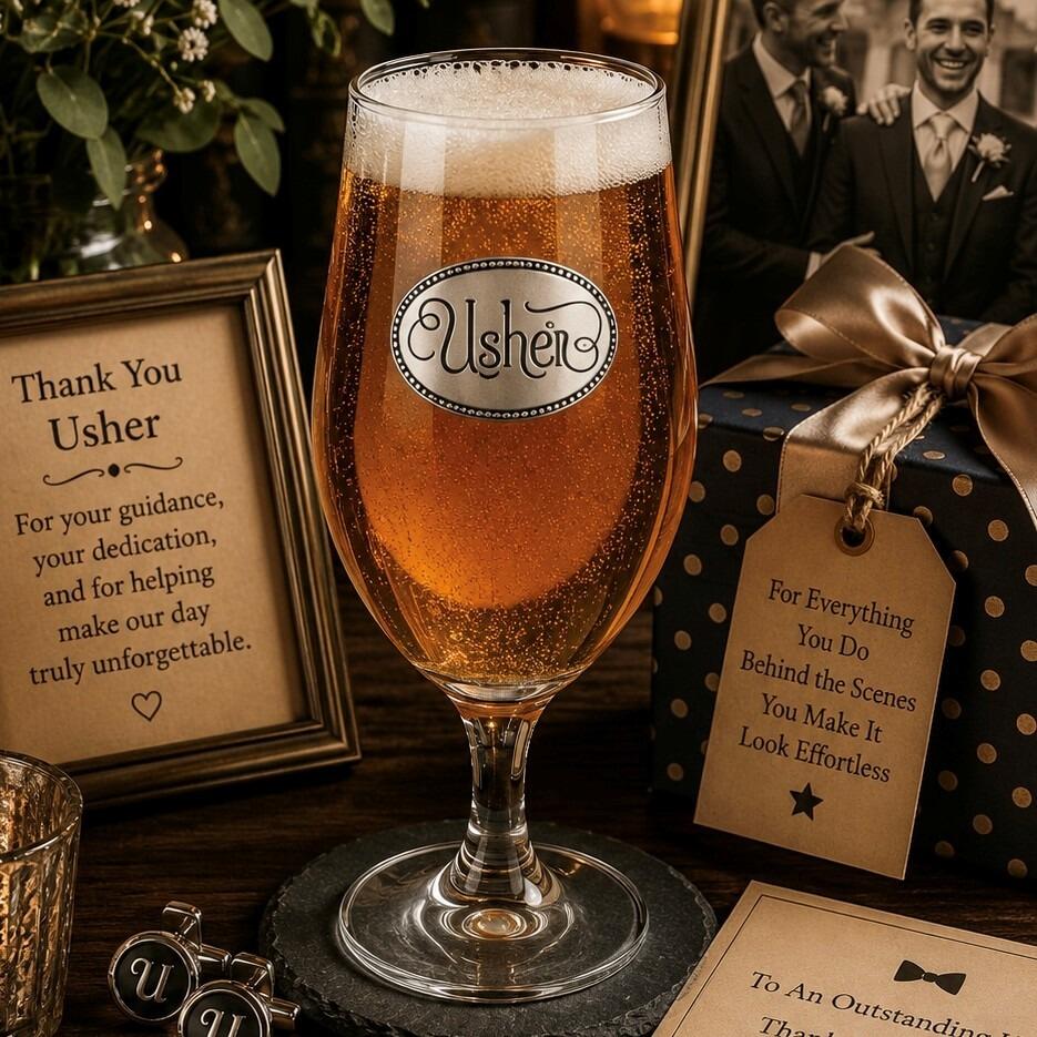 A Stemmed Pint Beer Glass with a Pewter Usher badge on the front, filled with Beer