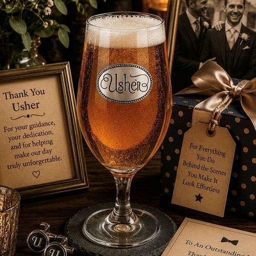 A Stemmed Pint Beer Glass with a Pewter Usher badge on the front, filled with Beer