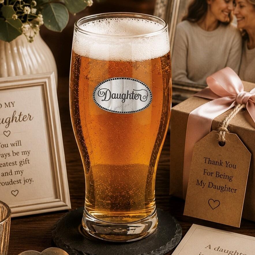 Pint glass with handmade pewter daughter badge featuring elegant script lettering filled with golden beer