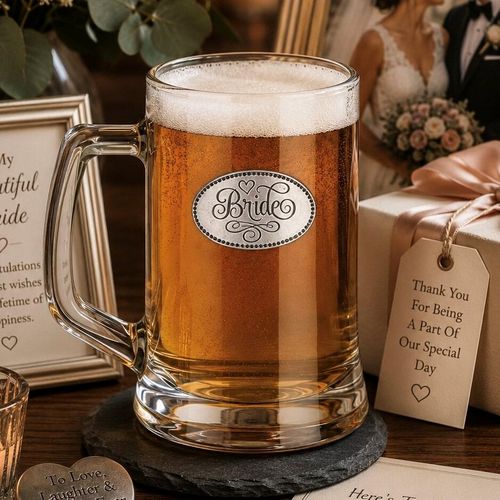A Beer Tankard with a Pewter Bride badge on the front, filled with Amber Beer
