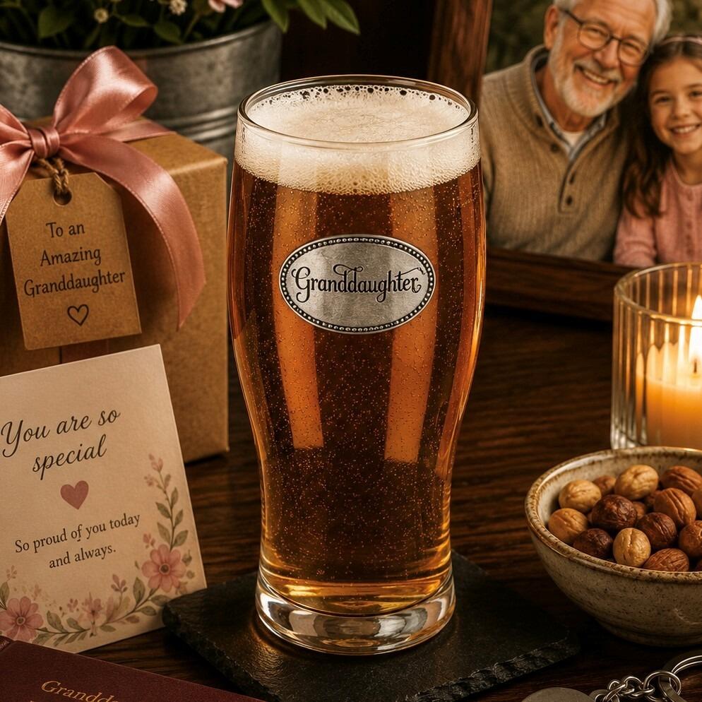 Pint glass with handmade pewter granddaughter badge featuring elegant script lettering filled with golden beer