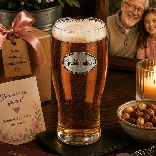 Pint glass with handmade pewter granddaughter badge featuring elegant script lettering filled with golden beer
