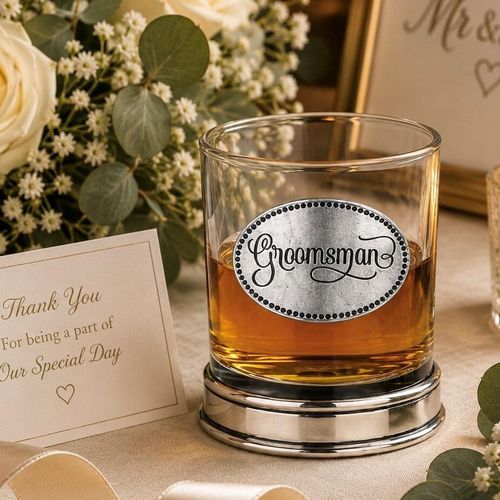 Whisky tumbler with pewter 'Groomsman' badge and polished base, partially filled with amber liquid