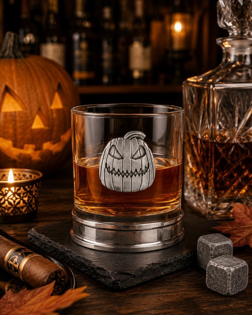 A Whisky Tumbler with a Pewter Pumpkin badge on the front