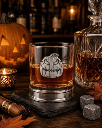 A Whisky Tumbler with a Pewter Pumpkin badge on the front