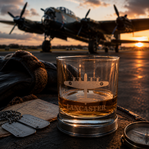 Whisky glass with engraved Lancaster Bomber design on handmade pewter base
