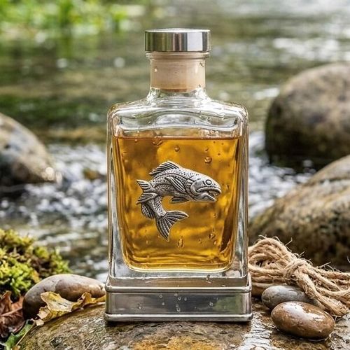 Handcrafted glass hip flask with pewter base featuring detailed fish emblem on front