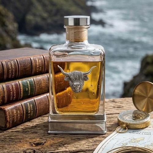 Stylish hip flask with handcrafted pewter Highland Cow emblem. 100ml glass & pewter design. Personalisation available. Gift boxed.