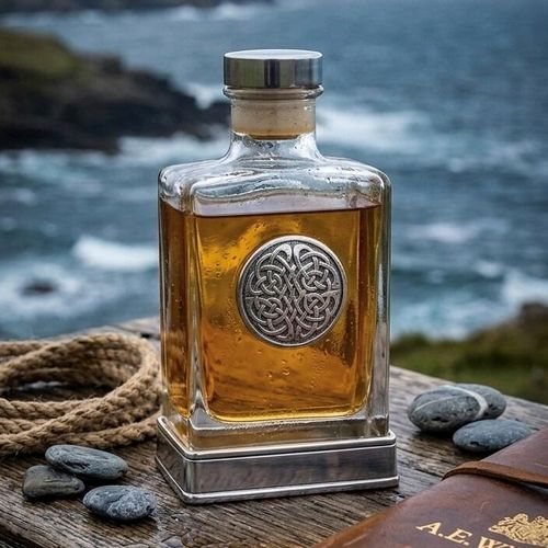 A glass flask with a pewter base and a handcrafted pewter Never Ending Knot emblem on the front
