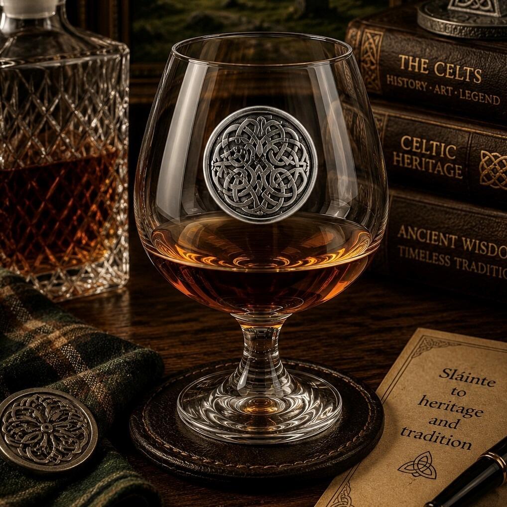 Crystal brandy glass with pewter Celtic Never Ending Knot emblem, partially filled with amber liquid