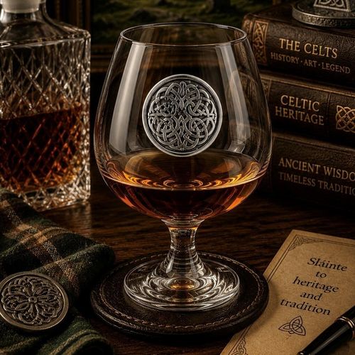 Crystal brandy glass with pewter Celtic Never Ending Knot emblem, partially filled with amber liquid