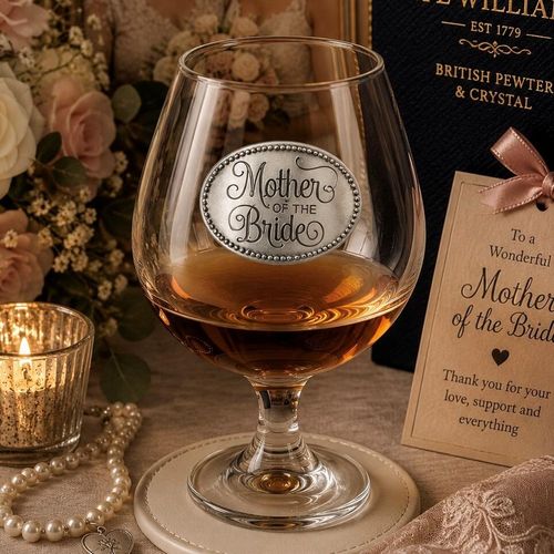 Elegant crystal brandy glass with pewter "Mother of the Bride" badge, partially filled with amber liquid