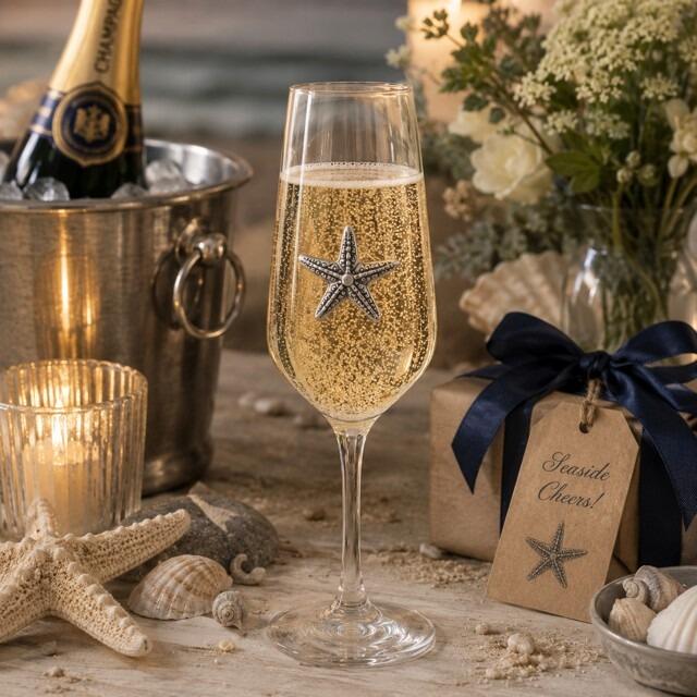 A Champagne Flute with a Pewter Starfish badge on the front, filled with Champagne