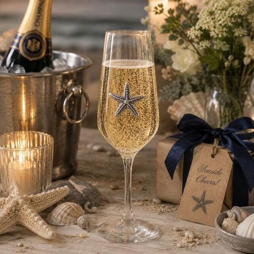A Champagne Flute with a Pewter Starfish badge on the front, filled with Champagne