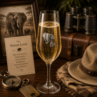 A Champagne Flute with a Pewter Elephant badge on the front, filled with Champagne
