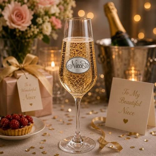 A Champagne Flute with a Pewter Niece badge on the front, filled with Champagne