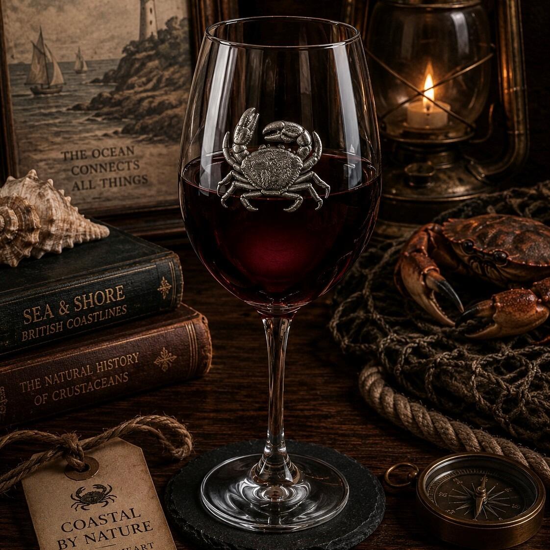 Wine glass with handcrafted pewter Crab badge filled with red wine