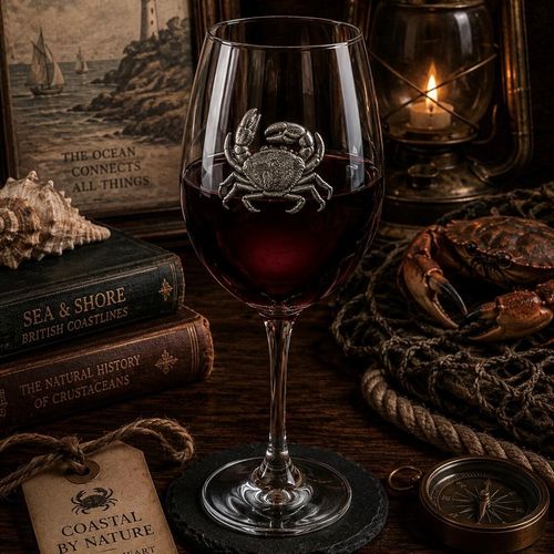 Wine glass with handcrafted pewter Crab badge filled with red wine