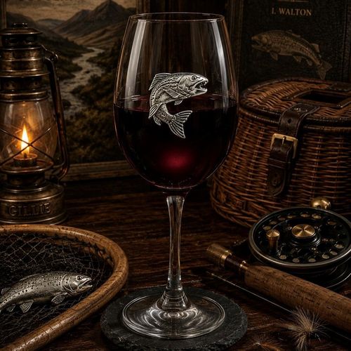 Wine glass with handmade pewter salmon badge filled with red wine