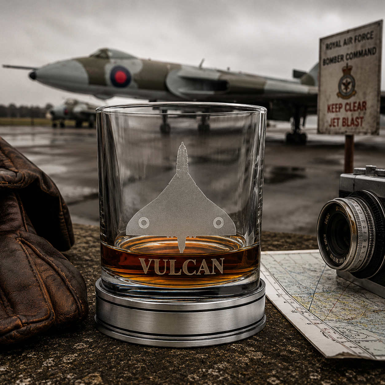 Handcrafted pewter Vulcan bomber whisky tumbler filled with Scotch whisky on a polished pewter base, photographed outdoors at a Cold War RAF airfield with an Avro Vulcan in the background, luxury British made aviation whisky glass gift