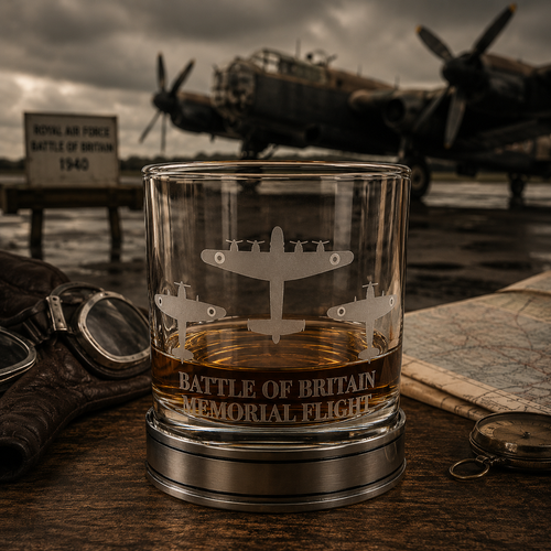 Handcrafted pewter Battle of Britain Memorial Flight whisky tumbler filled with Scotch whisky, featuring engraved Lancaster, Spitfire and Hurricane aircraft on a polished pewter base in a WWII RAF hangar setting