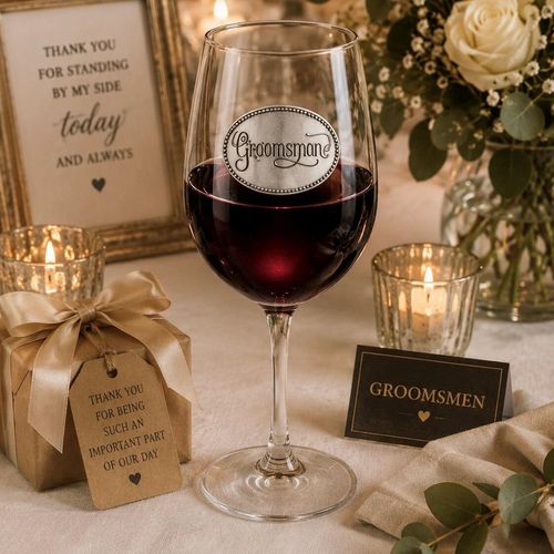 Wine glass with handcrafted pewter Groomsman badge filled with red wine