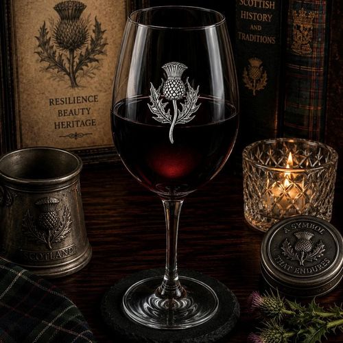 Wine glass with handmade pewter thistle badge filled with red wine