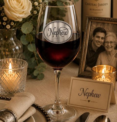 Wine glass with handmade pewter nephew badge filled with red wine