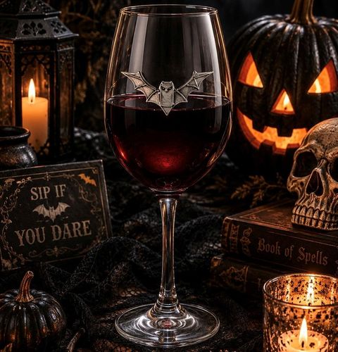 Wine glass with handmade pewter bat badge filled with red wine